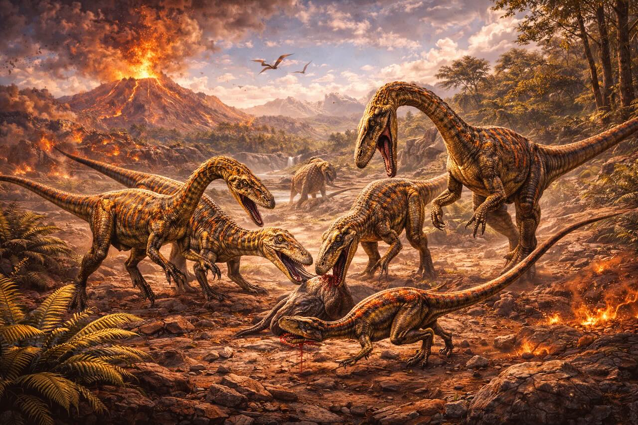 Coelophysis-lauma saalistamassa yhdessä triaskaudella