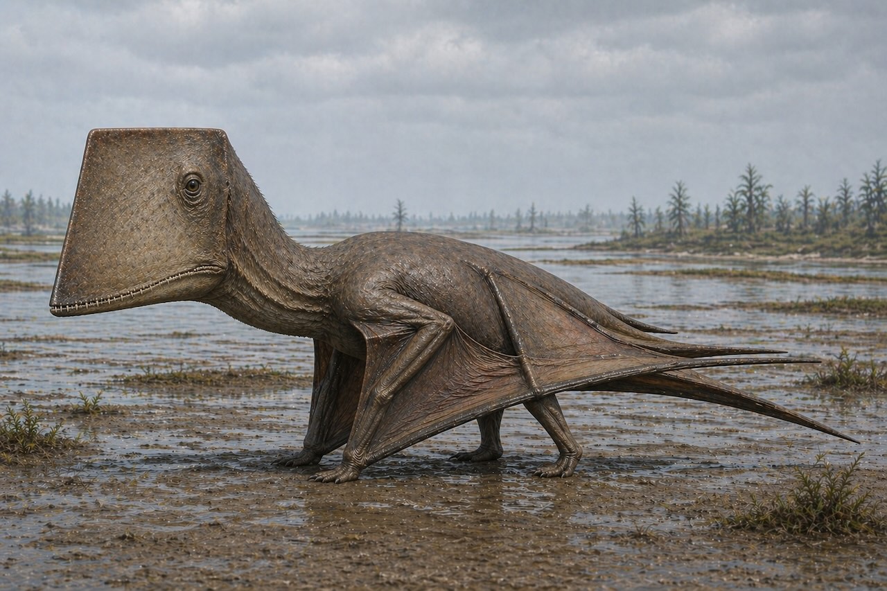 Istiodactylus latidens — Wightin saaren liitukauden pterosaurus klassisessa rekonstruktiossa lapionmuotoisella, leveällä ja matalalla päällä, joka sopi raadon repimiseen