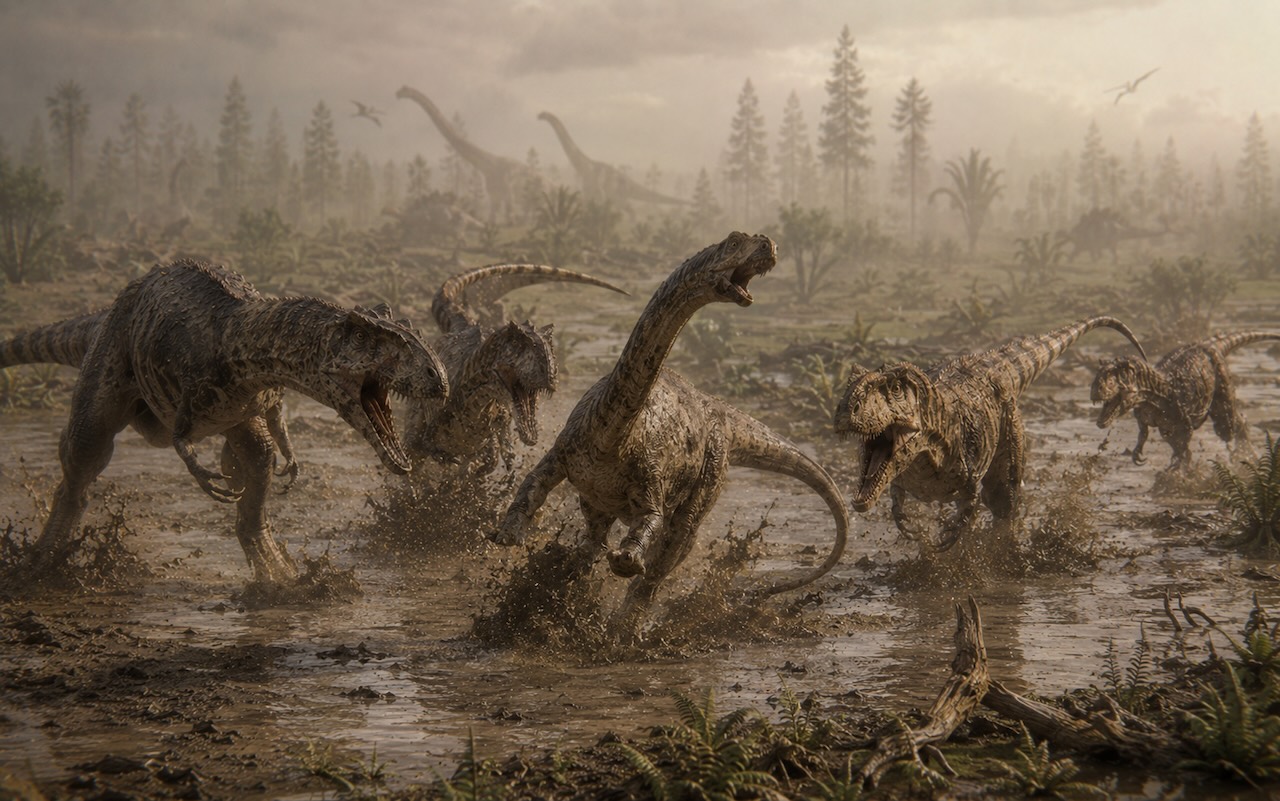Allosauruslauma saalistamassa sauropodia