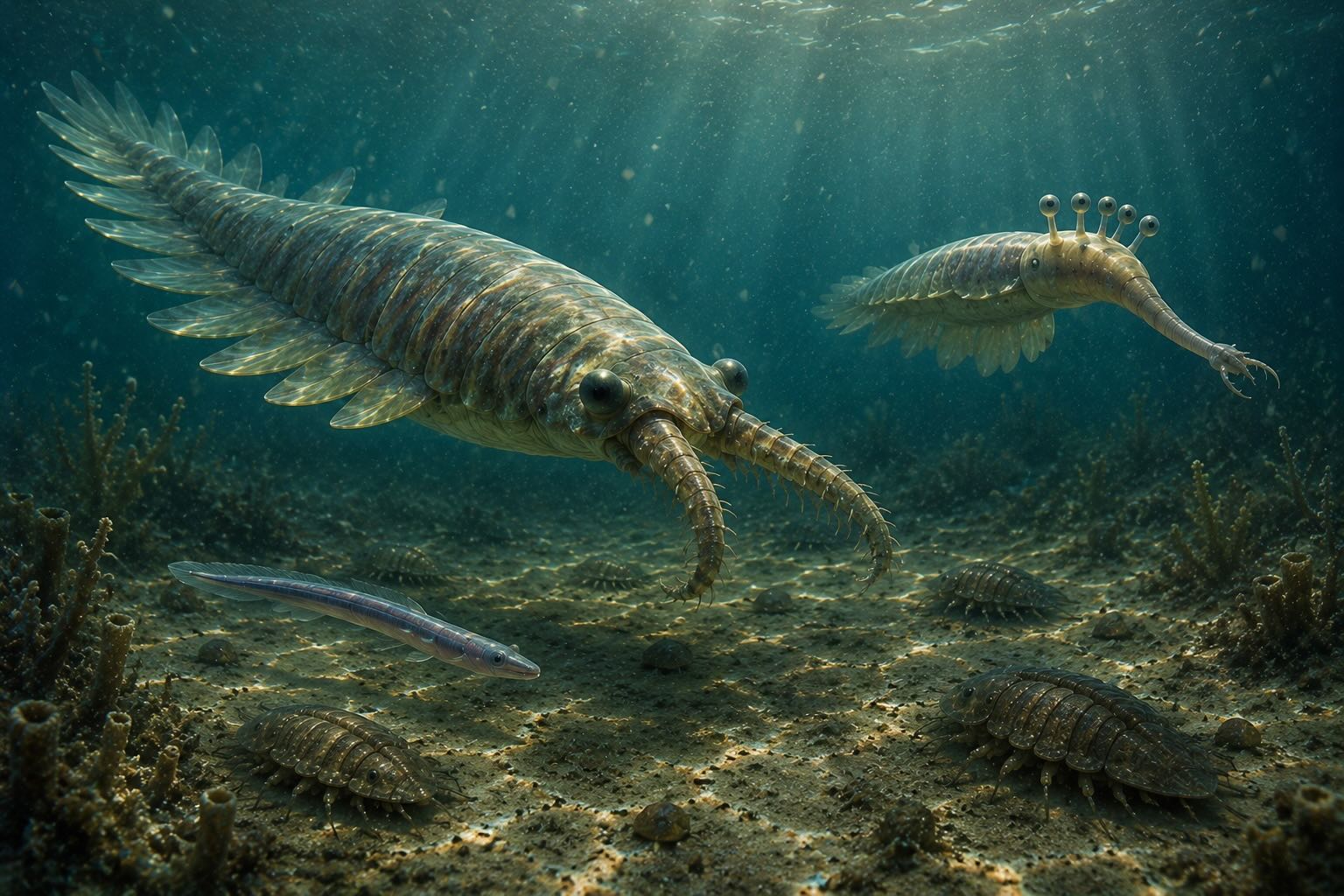 Anomalocaris ja Opabinia uimassa kambrikauden merenpohjan yllä, Pikaia ja trilobiittejä alhaalla.
