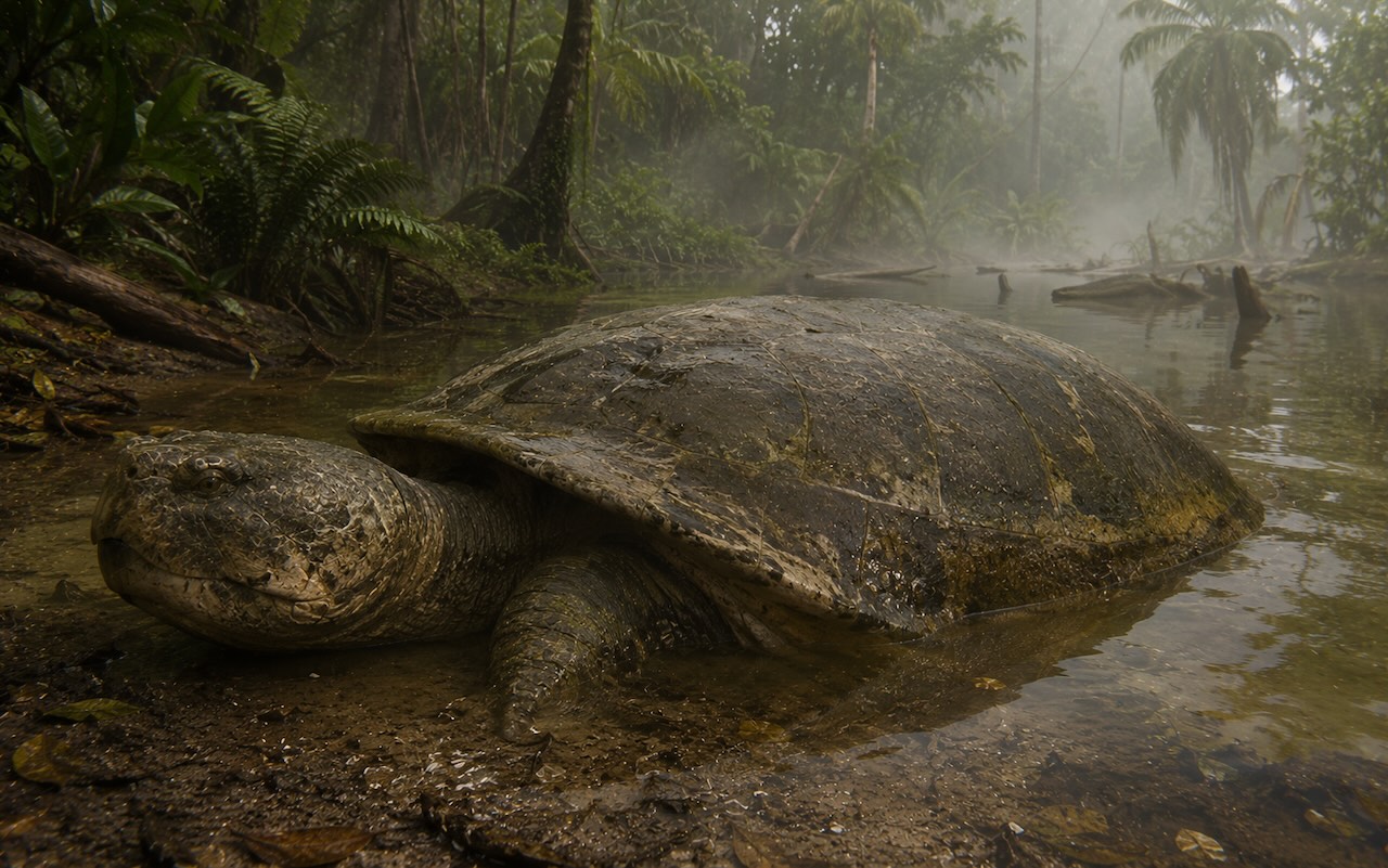 Carbonemys cofrinii -kahden metrin pituinen jättikilpikonna paleoseenin Cerrejónin sademetsän rannassa Kolumbiassa.