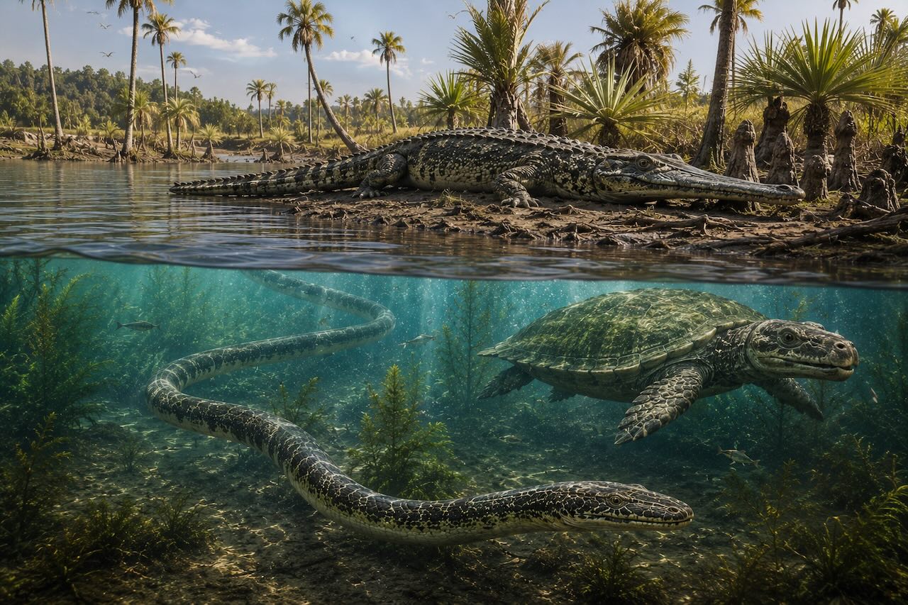 Split-shot trooppisesta Paleoseenin laguunista — krokotiili rannalla palmujen alla, jättimäinen merikäärme ja Carbonemys-kilpikonna uimassa.