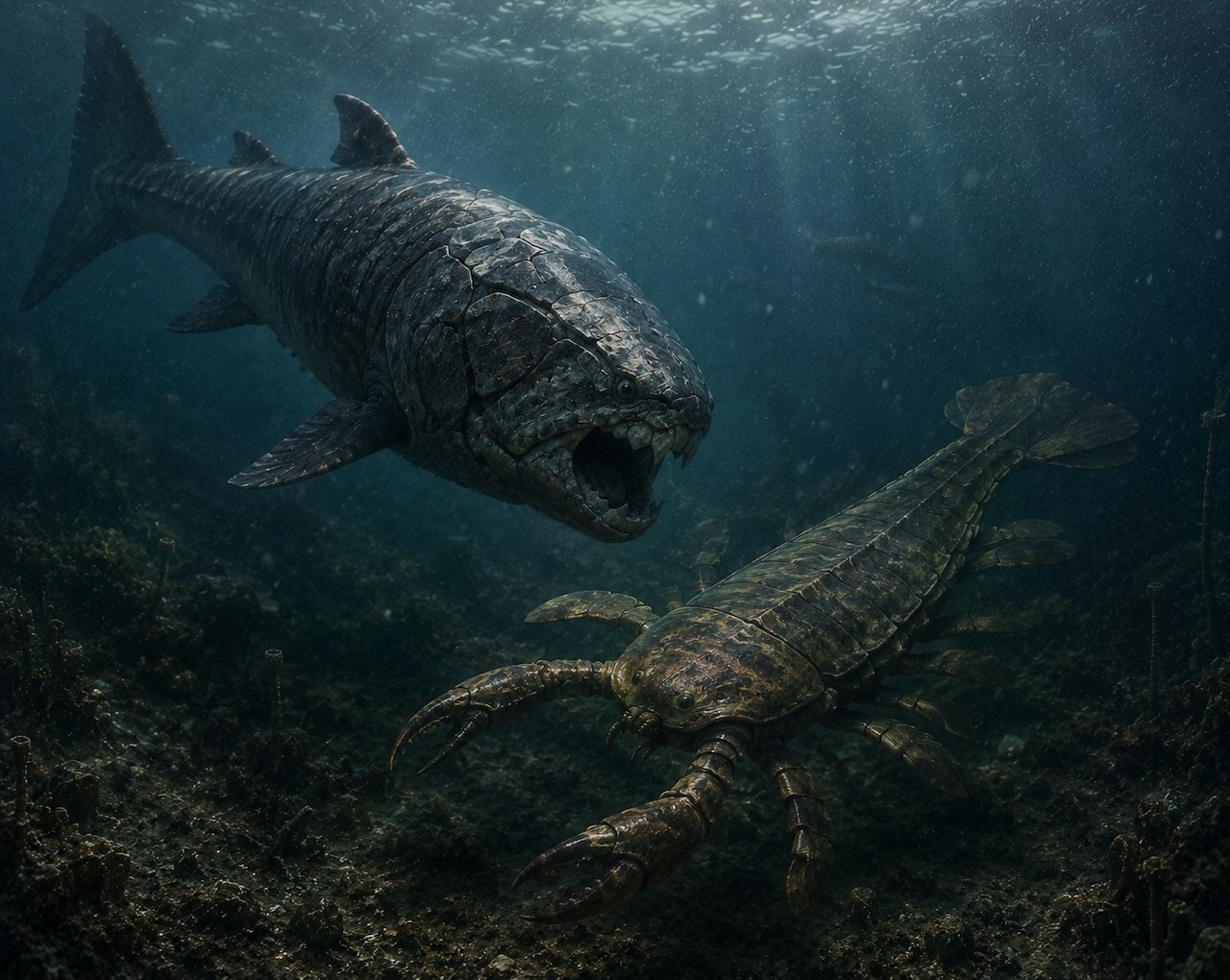 Dunkleosteus-panssarikala kohtaa Jaekelopterus-merikorpionin Devon-meren pohjassa.