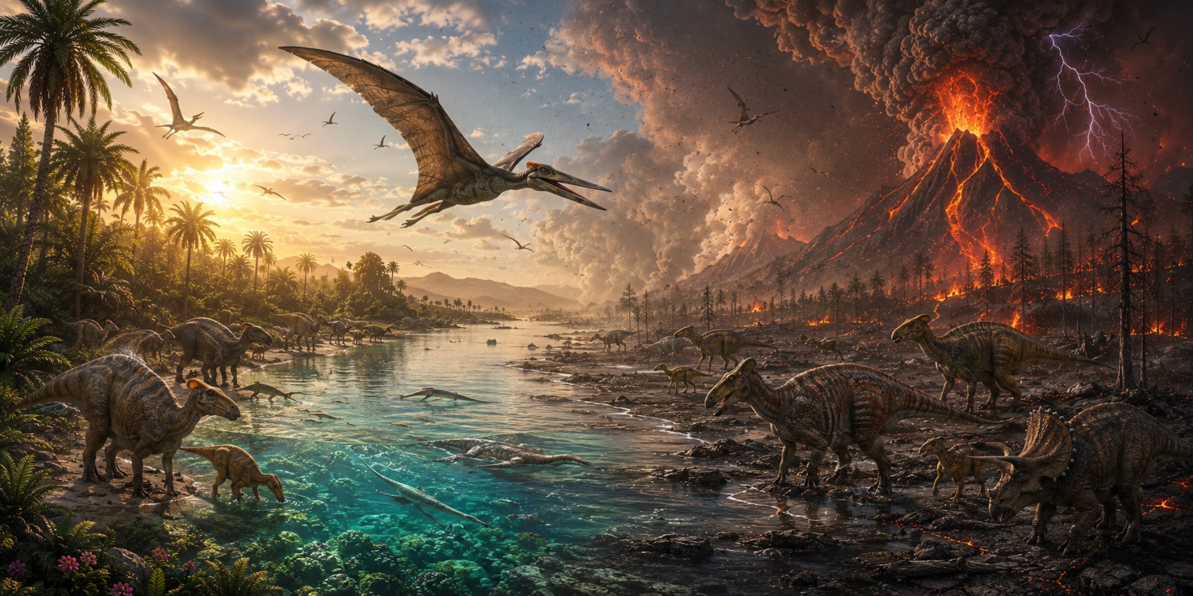 Dinojen Maailma — dinosaurusten maailma laguunista tulivuoreen