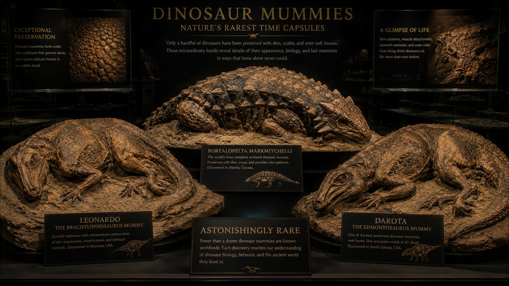 Dinosaurusmuumiot – kollaasi Borealopeltasta, Leonardosta ja Dakotasta, hadrosauruksen ja nodosauruksen muumioita
