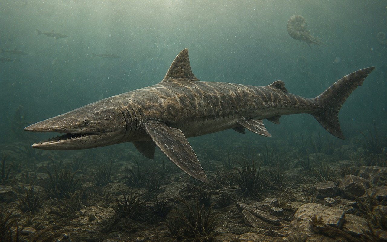 Edestus giganteus -kuusimetrinen rustokala kiertyvällä hammasrivillä uimassa permikauden meressä.