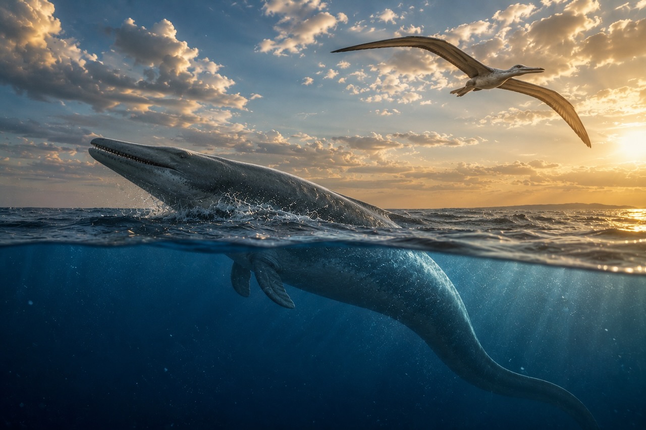 Split-shot kuva — Pelagornis-jättimerilintu lentää 6 metrin siipivälillä auringonlaskussa, Basilosaurus uimassa veden alla.