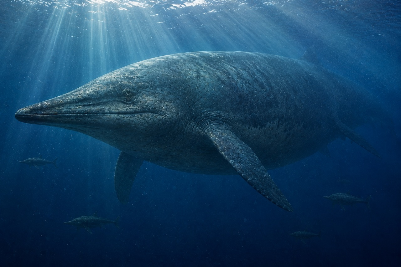 Massiivi Ichthyotitan severnensis -iktyosauri uimassa pienempien iktyosaurien keskellä syvänsinisessä triaskauden meressä.