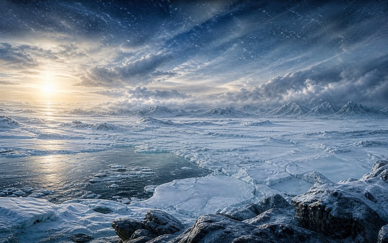 Jäätikkömaisema aamunkoiton valossa — pintatason näkymä Cryogenian-kauden jäätyneestä maailmasta