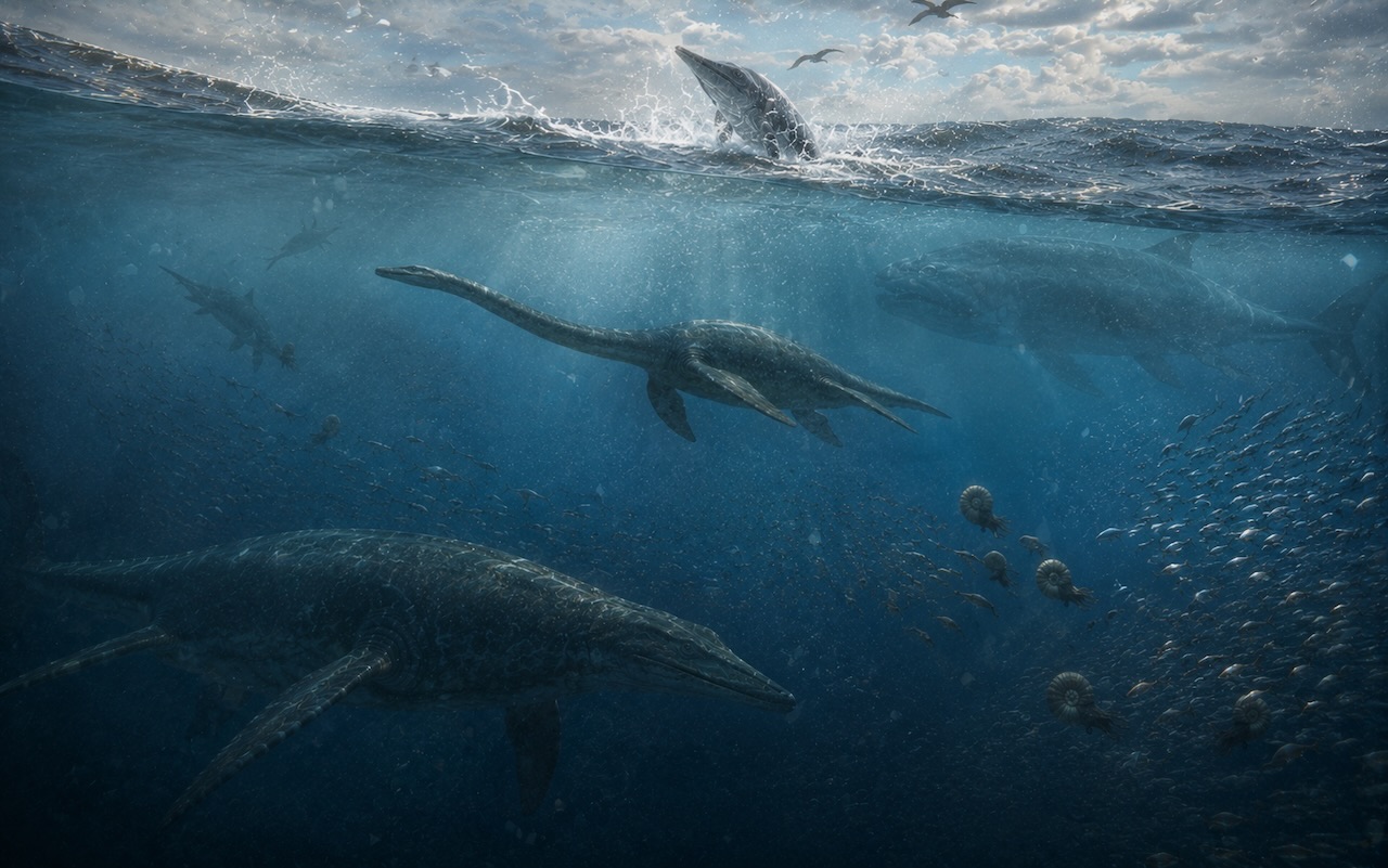 Split-shot kuva — Ichthyosaurus pinnalla hyppäämässä, Plesiosaurus pitkäkaulainen ja Liopleurodon-pliosauri vedenalla, ammoniittia ja kalaparvia ympärillä.