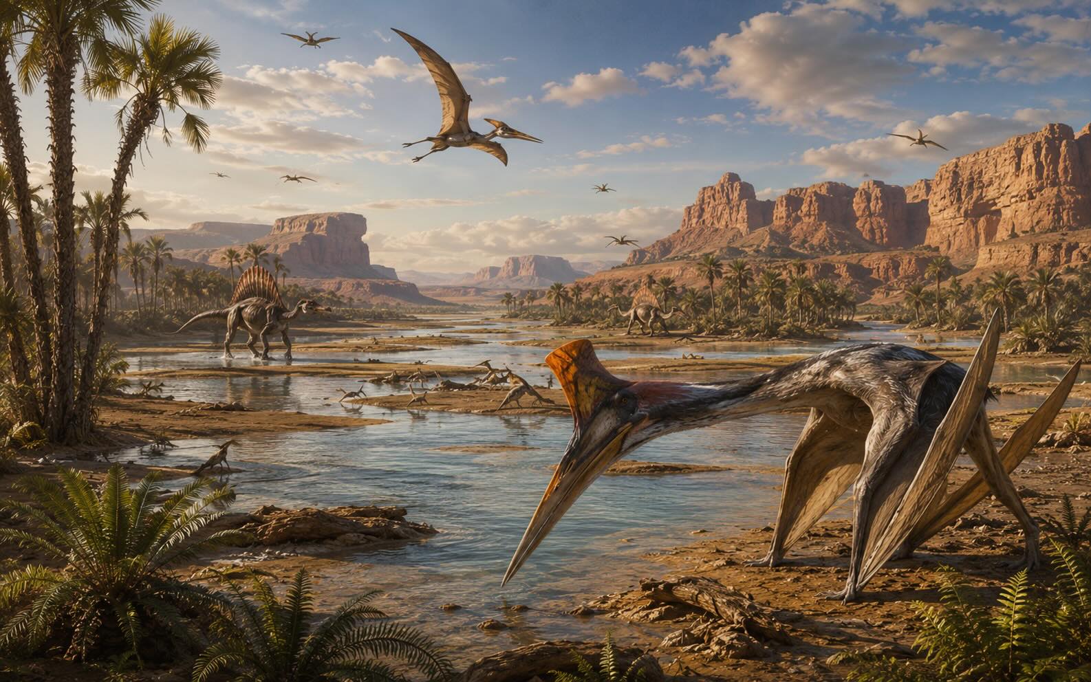 Kem Kem -ekosysteemi Marokossa 95 miljoonaa vuotta sitten — jokisuun delta, krokotiilit, suuria petokalojen ja taivaalla suuri pterosaurus Alanqa saharica