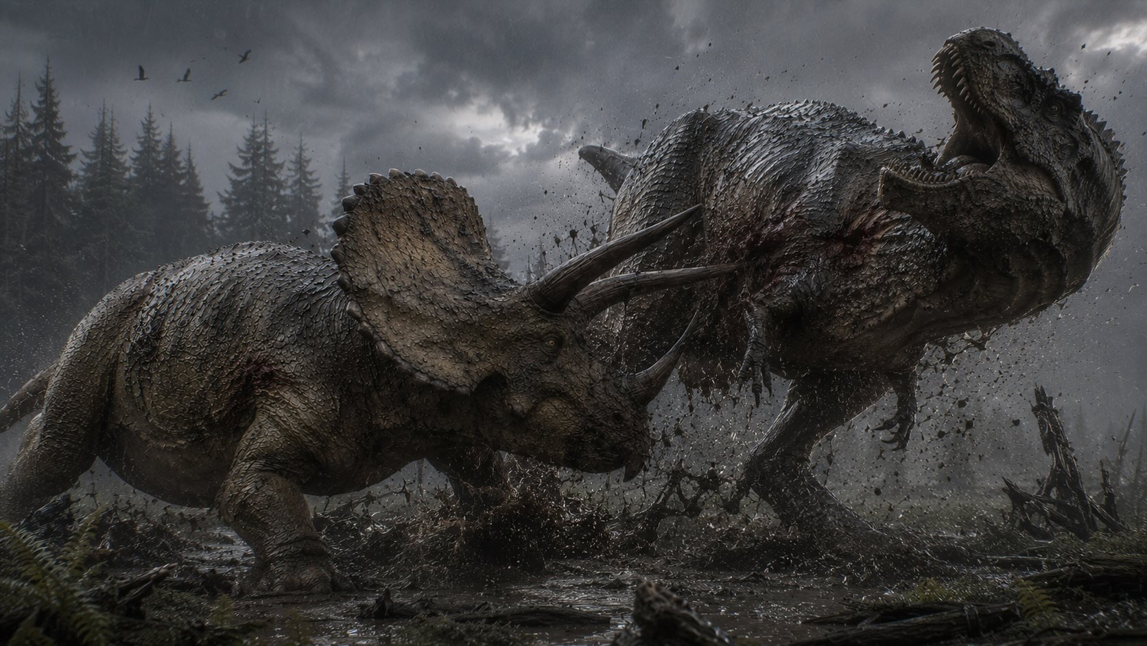 Liitukausi - Triceratops puolustautuu Tyrannosaurusta vastaan kolmella sarvellaan ja luukaulurillaan