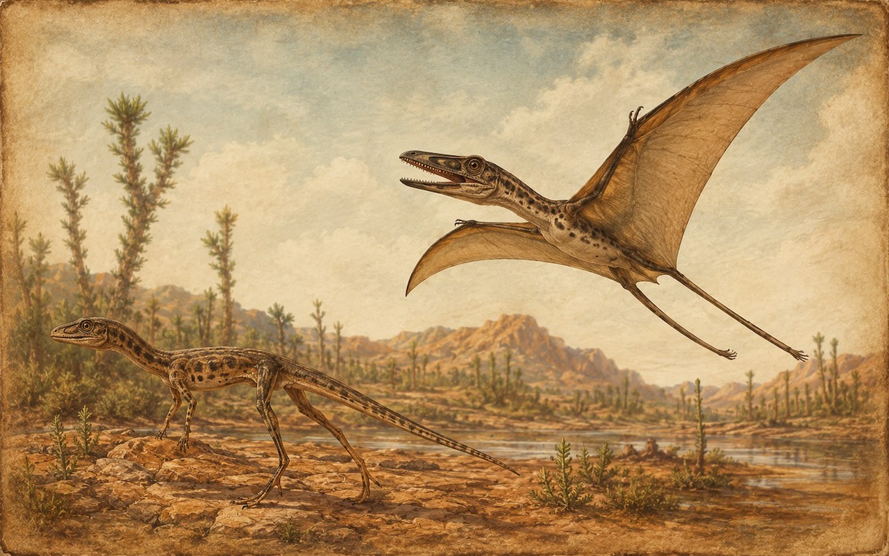Lagerpetidae-matelija ja varhainen pterosaurus rinnakkain — kissan kokoinen kaksijalkainen muoto vs. siipikalvolla varustettu varhainen lentolisko