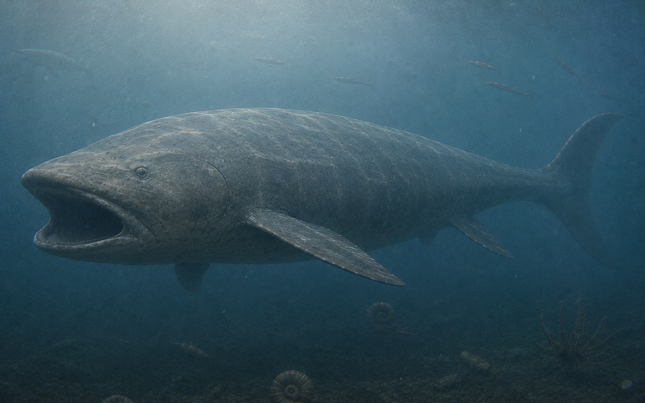 Leedsichthys problematicus -kuusitoistametrinen jättiläiskala uimassa hitaasti planktonin keskellä.