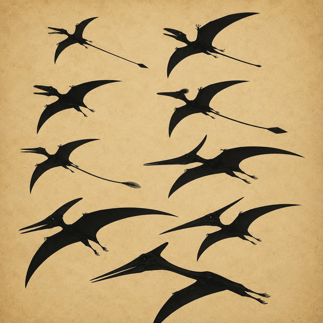 Lentoliskojen monimuotoisuus — pieni Nemicolopterus, keskikokoinen Pteranodon ja jättiläinen Quetzalcoatlus rinnakkain