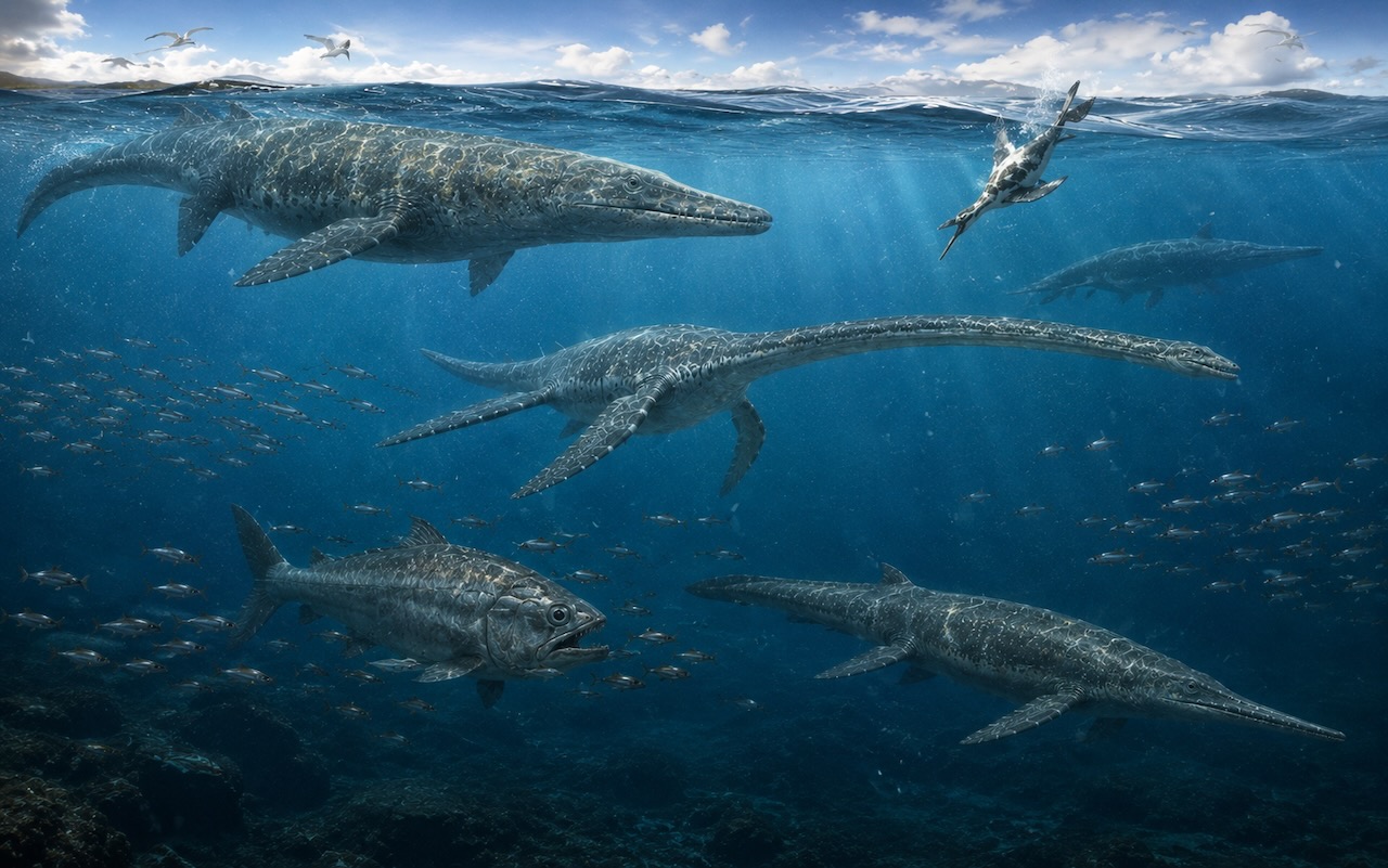 Split-shot kuva liitukauden meren elämästä — Mosasaurus pinnalla, Elasmosaurus pitkäkaulainen keskellä, Tylosaurus oikealla, Xiphactinus saalistamassa kaloja alhaalla.