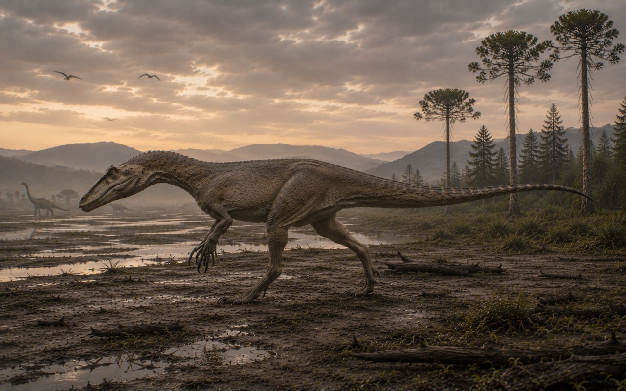 Megaraptor namunhuaiquii kostealla jokitasangolla liitukauden Etelä-Amerikassa