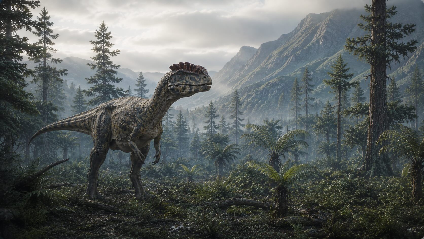 Mt Kirkpatrick — Cryolophosaurus varhaisjurakauden metsässä Antarktiksella