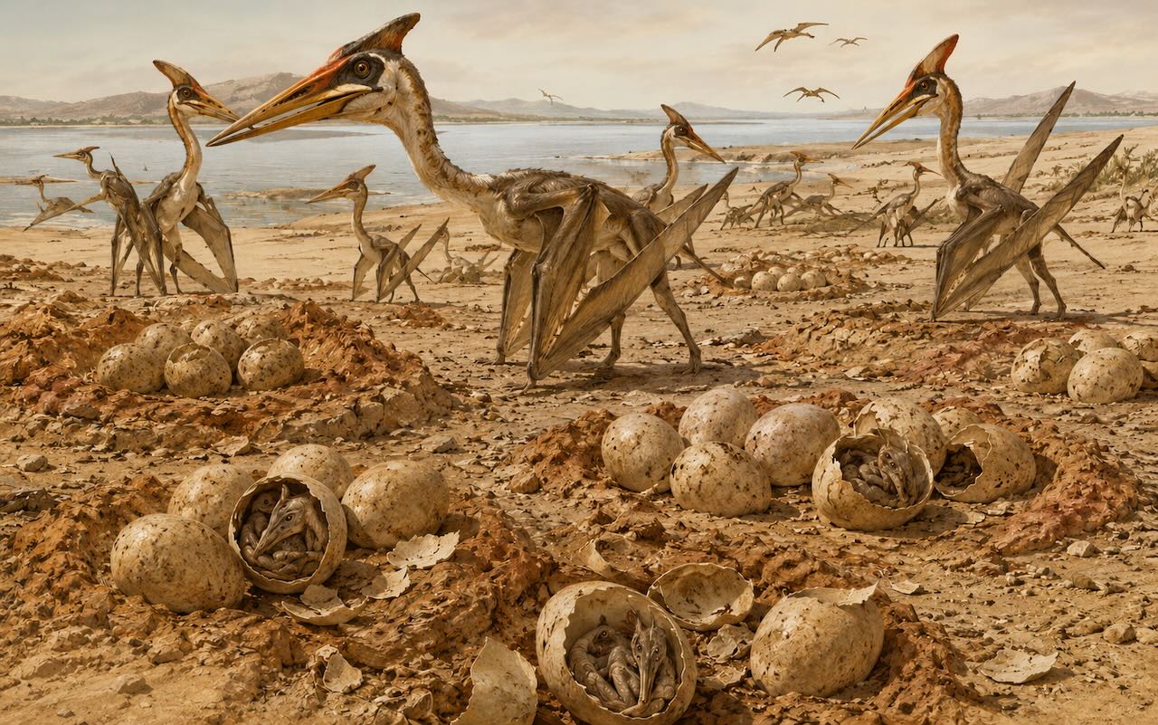 Pterosauruksen munia ja vastakuoriutunut poikanen — pehmeäkuoria munia ja flapling, lentokykyinen heti synnyttyään