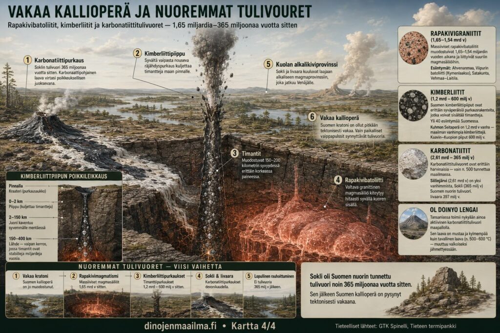 Vakaa kallioperä ja nuoremmat tulivuoret — rapakivibatoliitit, kimberliitit ja karbonatiitit 1,65 mrd – 365 milj v sitten