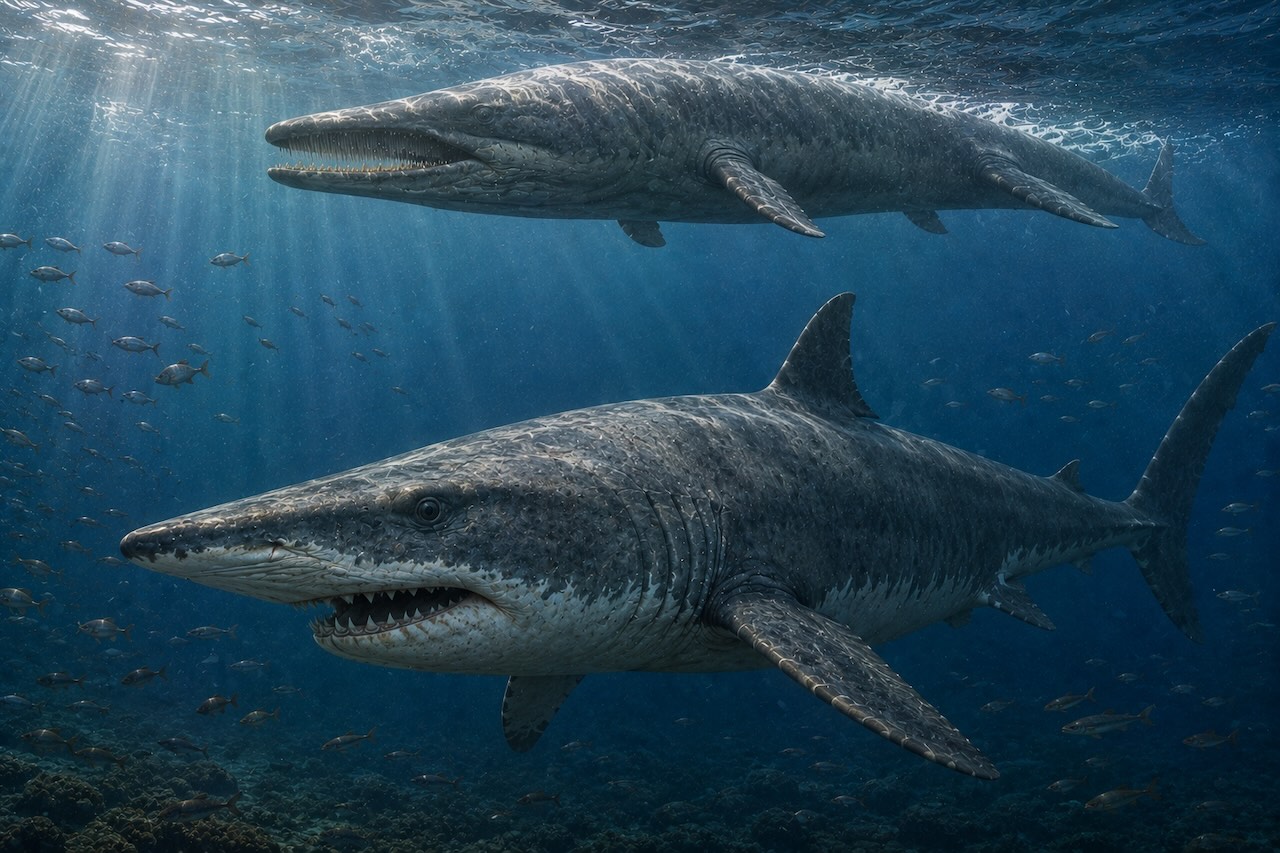 Otodus angustidens -jättihai etualalla, Aetiocetus-baleenivalas uimassa pinnalla, sardiniaparvia molempien välissä.