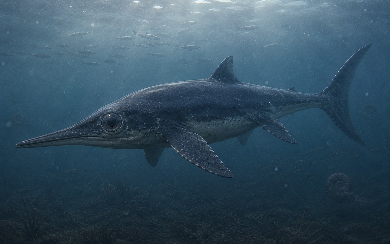 Ophthalmosaurus icenicus -valtavin silmin varustettu iktyosaurus syvällä jurakauden meressä.