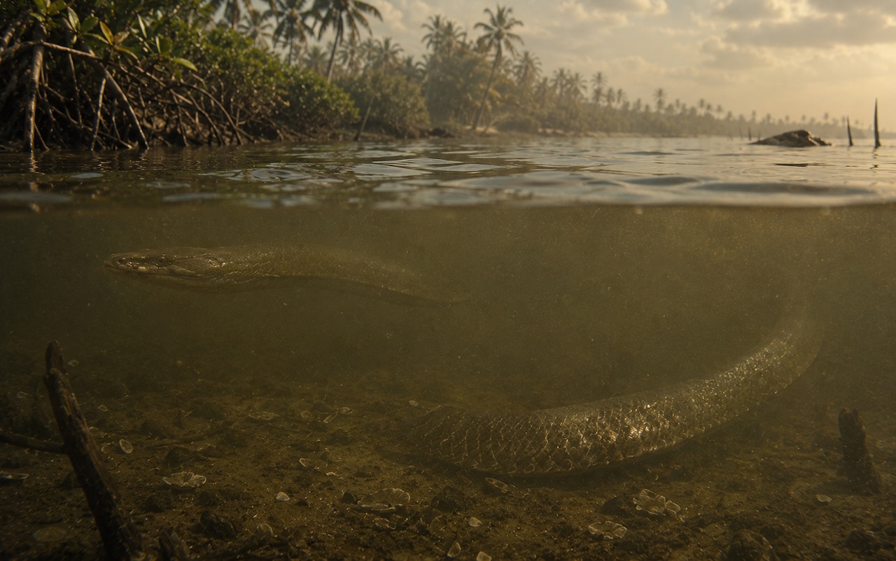 Palaeophis colossaeus -kymmenen metrin mittainen merikäärme paleoseenin meressä Saharan nykyisellä alueella.