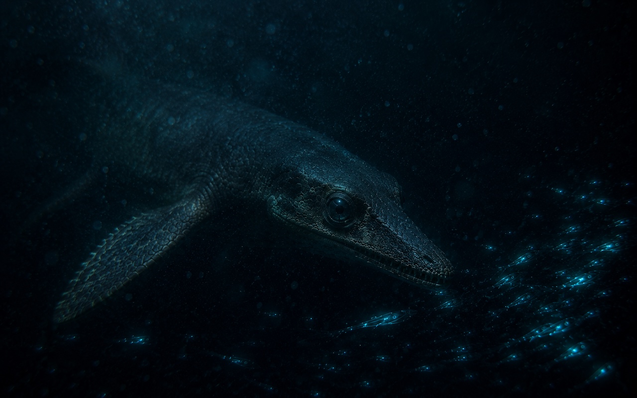 Phosphorosaurus-mosasaurus suurine silmineen saalistaa hohtokalaparvea pimeässä yövedessä, sininen biofluoresenssi luo valoja vedessä.