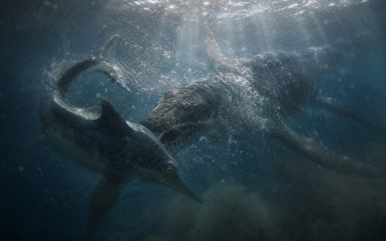 Iktyosaurus uimassa kuplien ja liikesumeuden keskellä, taustalla suuri pliosauri suu auki, dramaattinen action-hetki.