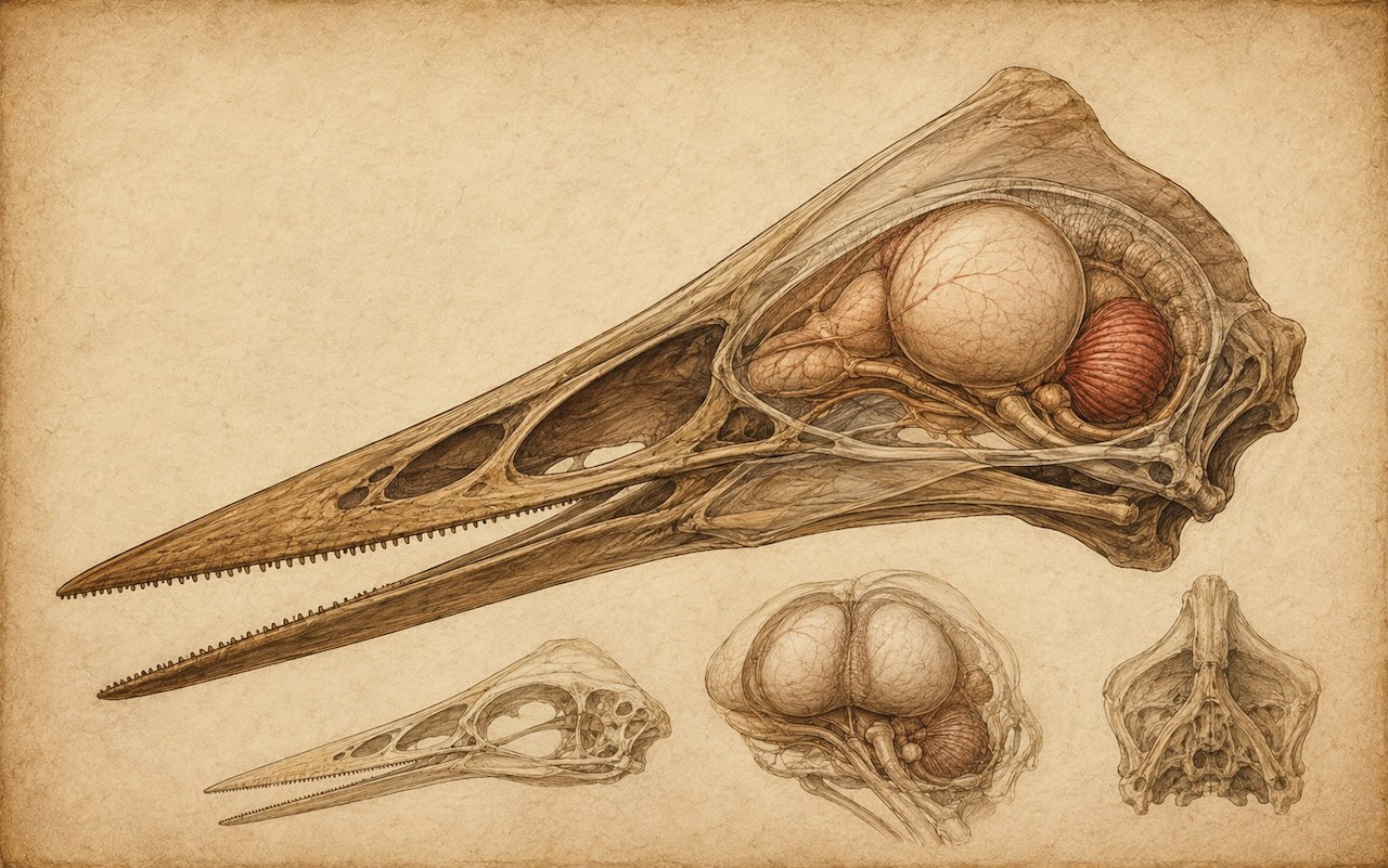 Pterosauruksen kallon CT-skannaus paljasti aivot — iso flokkulus, kehittynyt näköalue, kapenevat aivolohkot