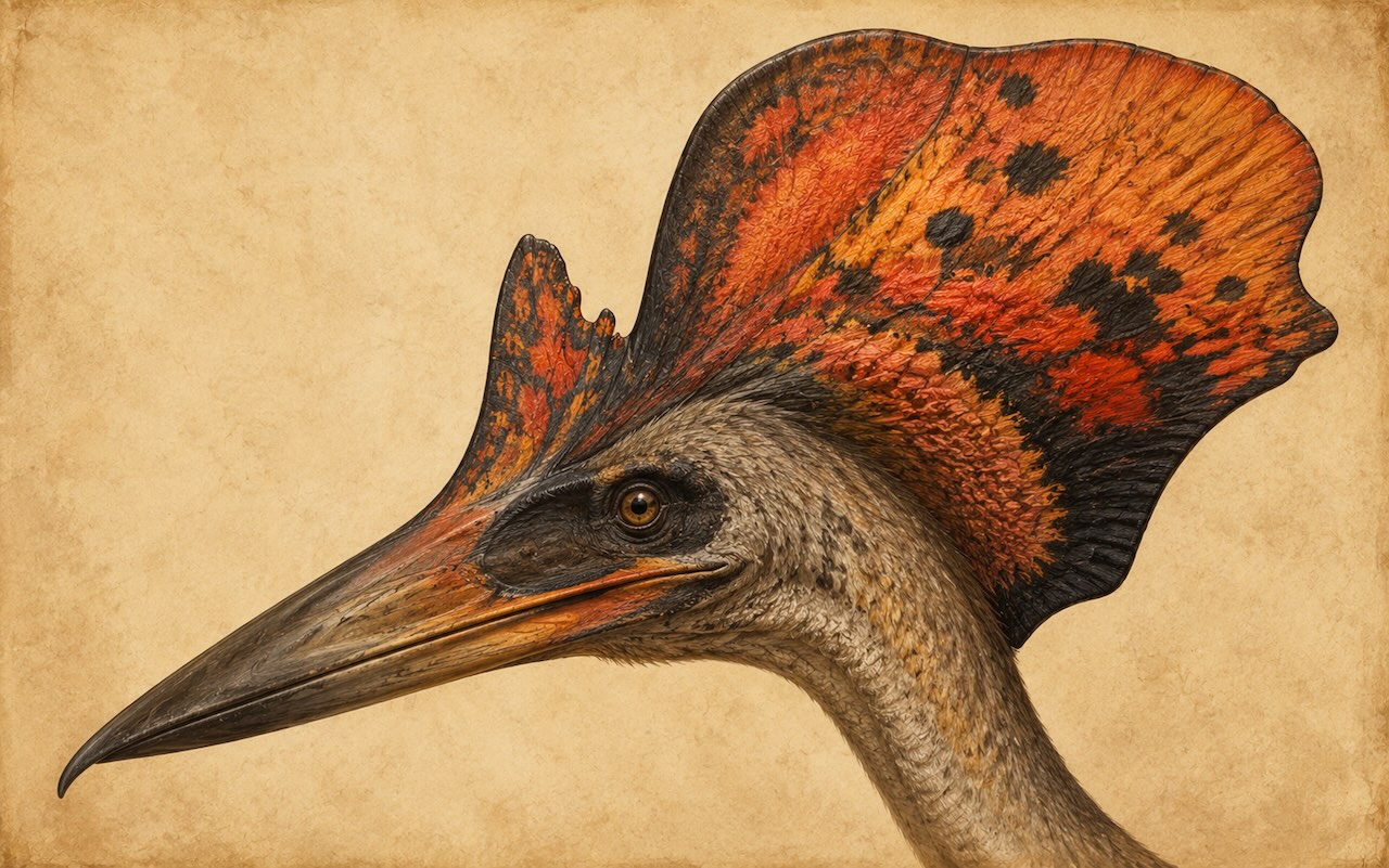 Pterosauruksen värimaailma — Tupandactylus imperator punaruskea sävy, oranssi ja musta harja, kaikki melanosomien todistamana