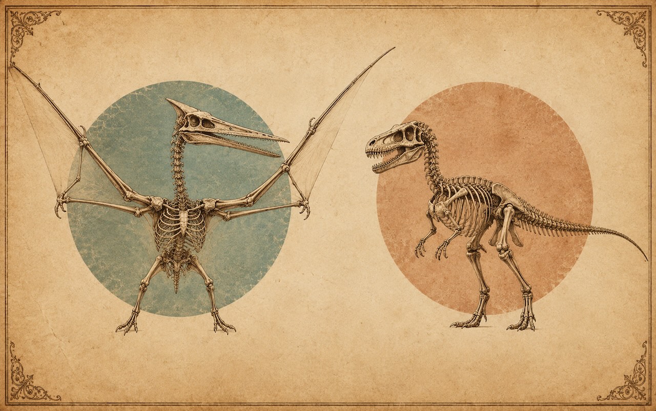 Anatominen vertailu pterosauruksen ja varhaisen dinosauruksen välillä — siipirakenne vs. kävelyjäsenistö