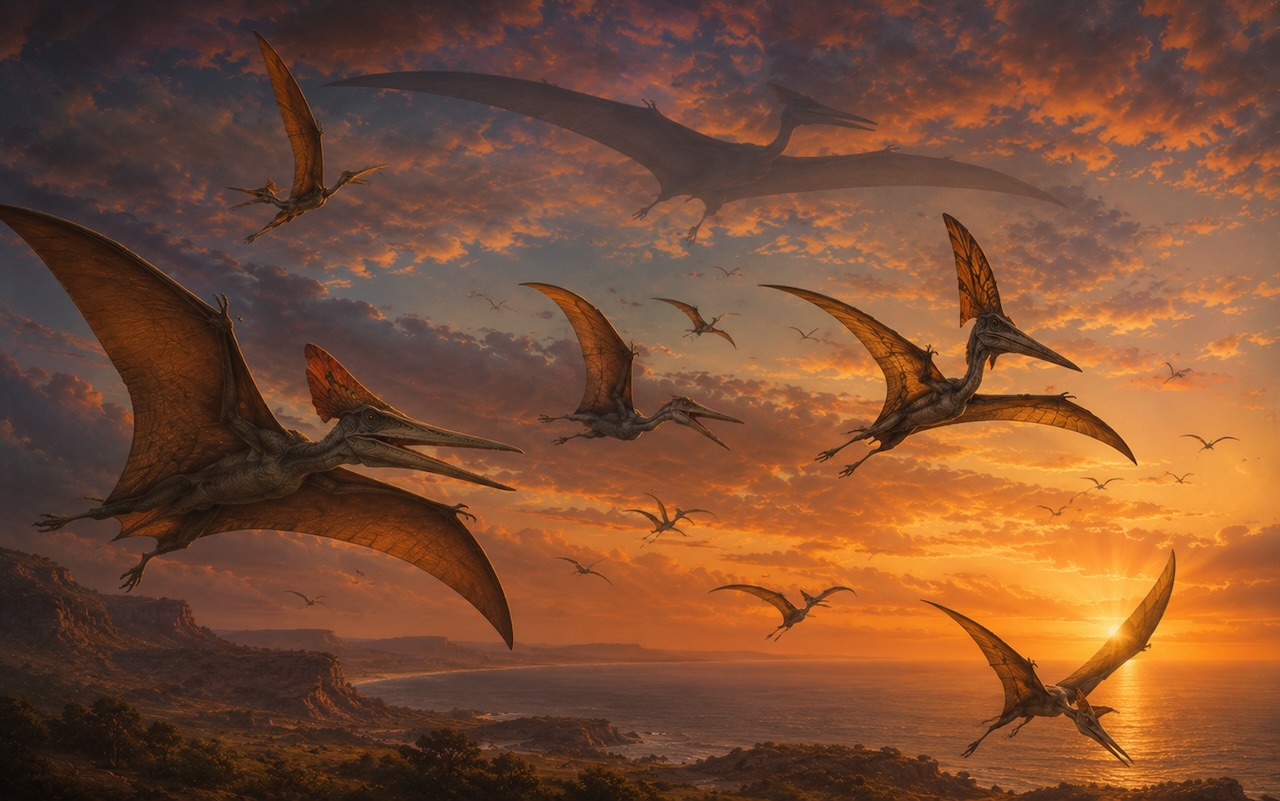 Parvi eri kokoisia ja muotoisia pterosauruksia taivaalla — monimuotoisuuden kirjo varpusen kokoisesta yli 11 metrin jättiläiseen