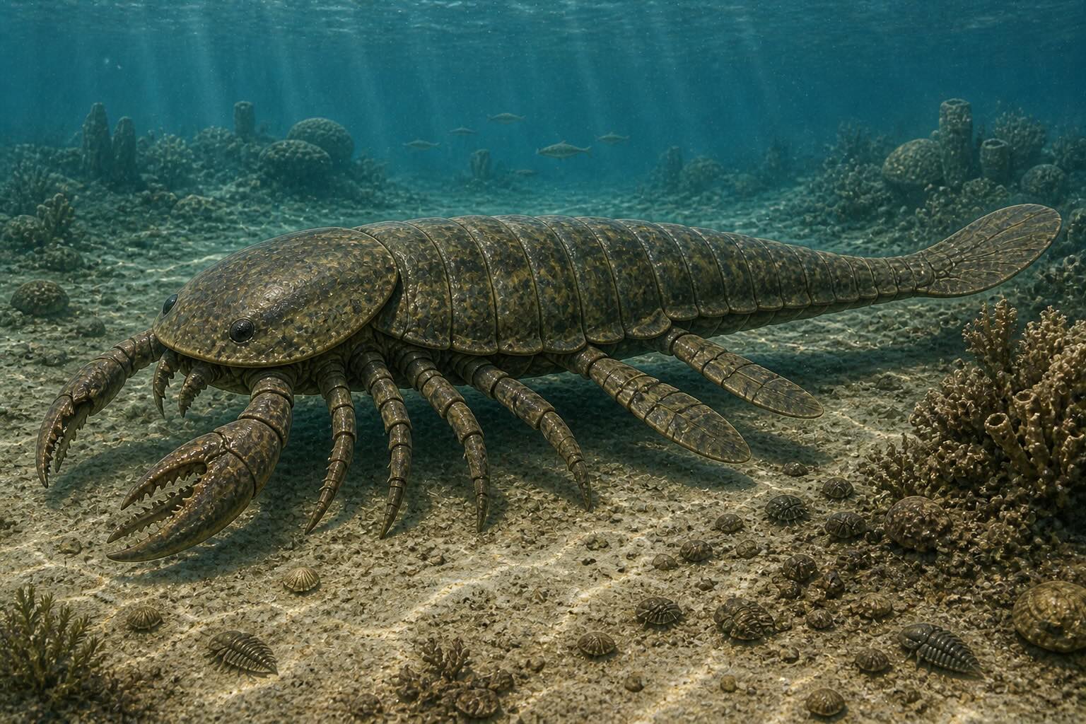 Siluurikausi - Pterygotus-meriskorppioni saalistamassa matalassa meressä