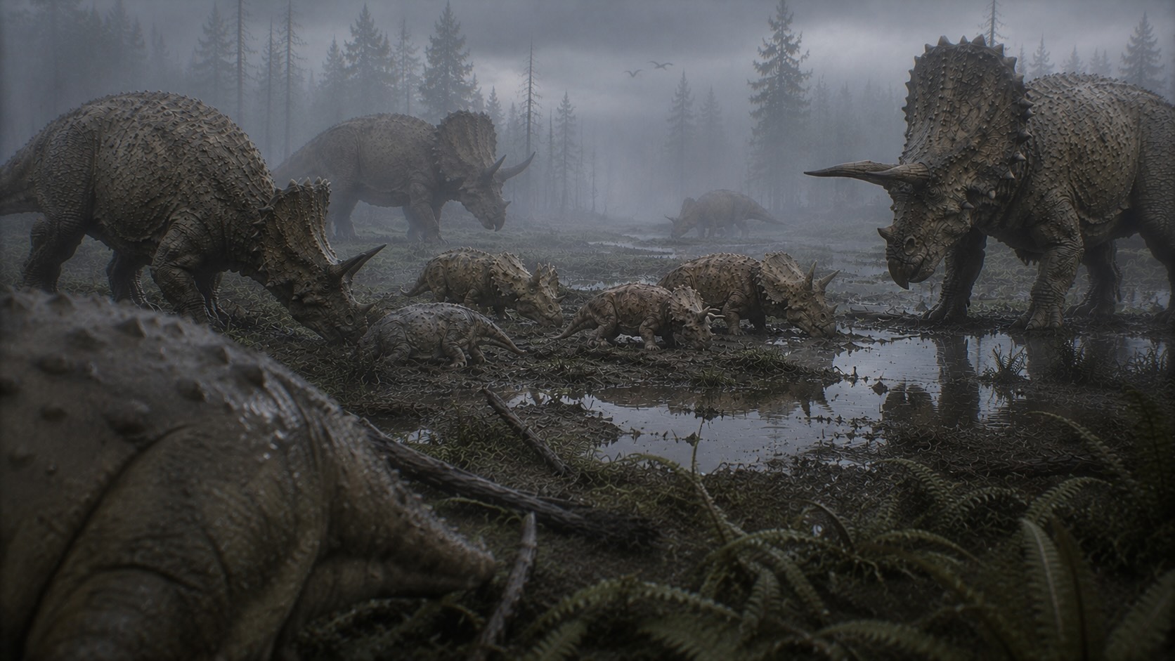 Dinosaurukset — sarvidinosaurusten poikaset lepäävät mutaisessa suojassa