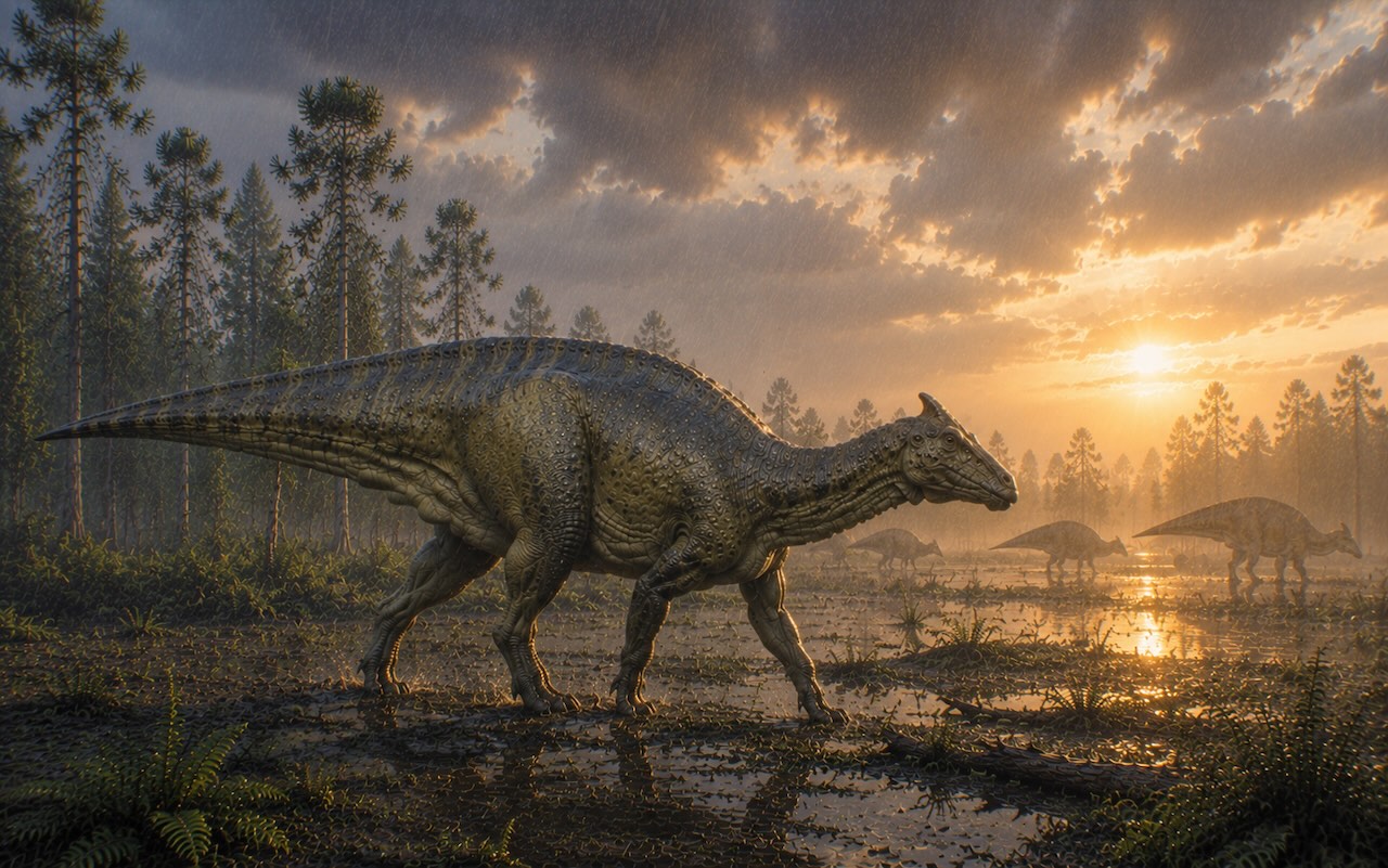 Saurolophus angustirostris ilta-auringon valaisemassa sade-ekosysteemissä