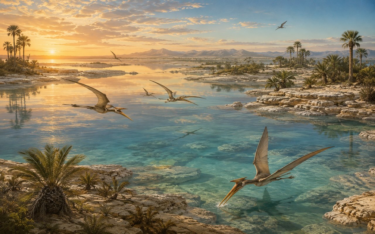 Solnhofenin lagunimaisema myöhäisellä jurakaudella — matalia subtrooppisia laguneja, hiekkasaaria ja taivaalla parvi pterosauruksia