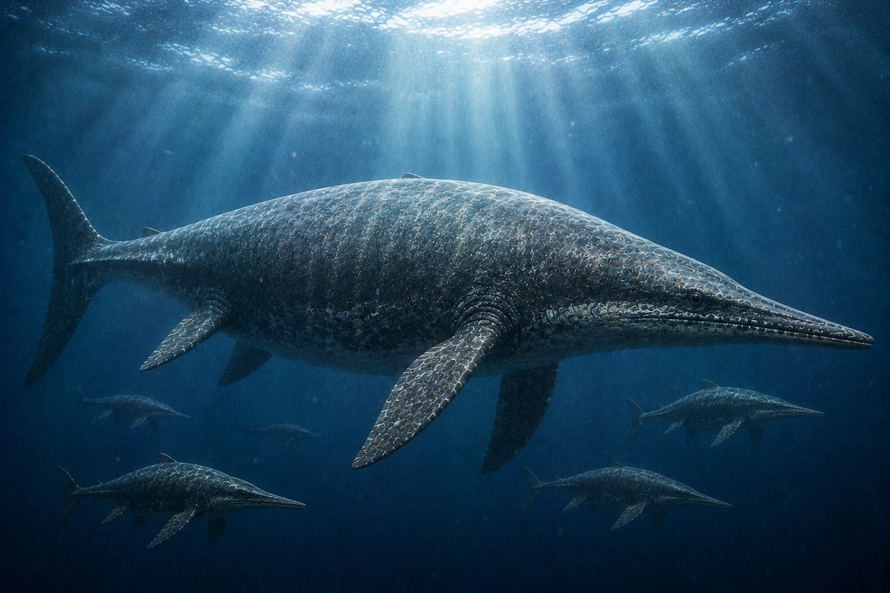 Massiivi Shonisaurus-iktyosauri uimassa auringon säteissä, pienemmät Cymbospondylus-iktyosaurit ympärillä syvänsinisessä triaskauden meressä.