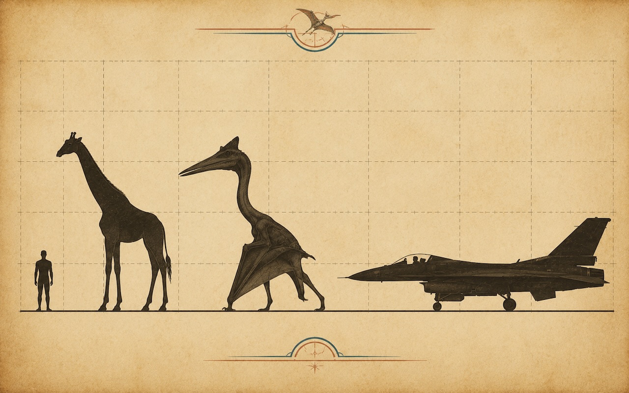 Vertailu — ihminen, kirahvi, Quetzalcoatlus ja F-16-hävittäjä rinnakkain mittasuhteissa