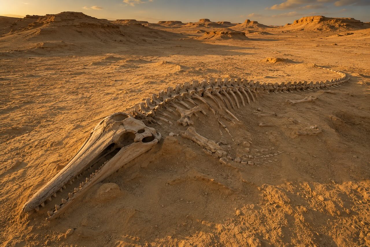 18-metrisen Basilosaurus-valaan luuranko makaa Egyptin Wadi Al-Hitanin keltaisessa autiomaassa auringonlaskun valossa.