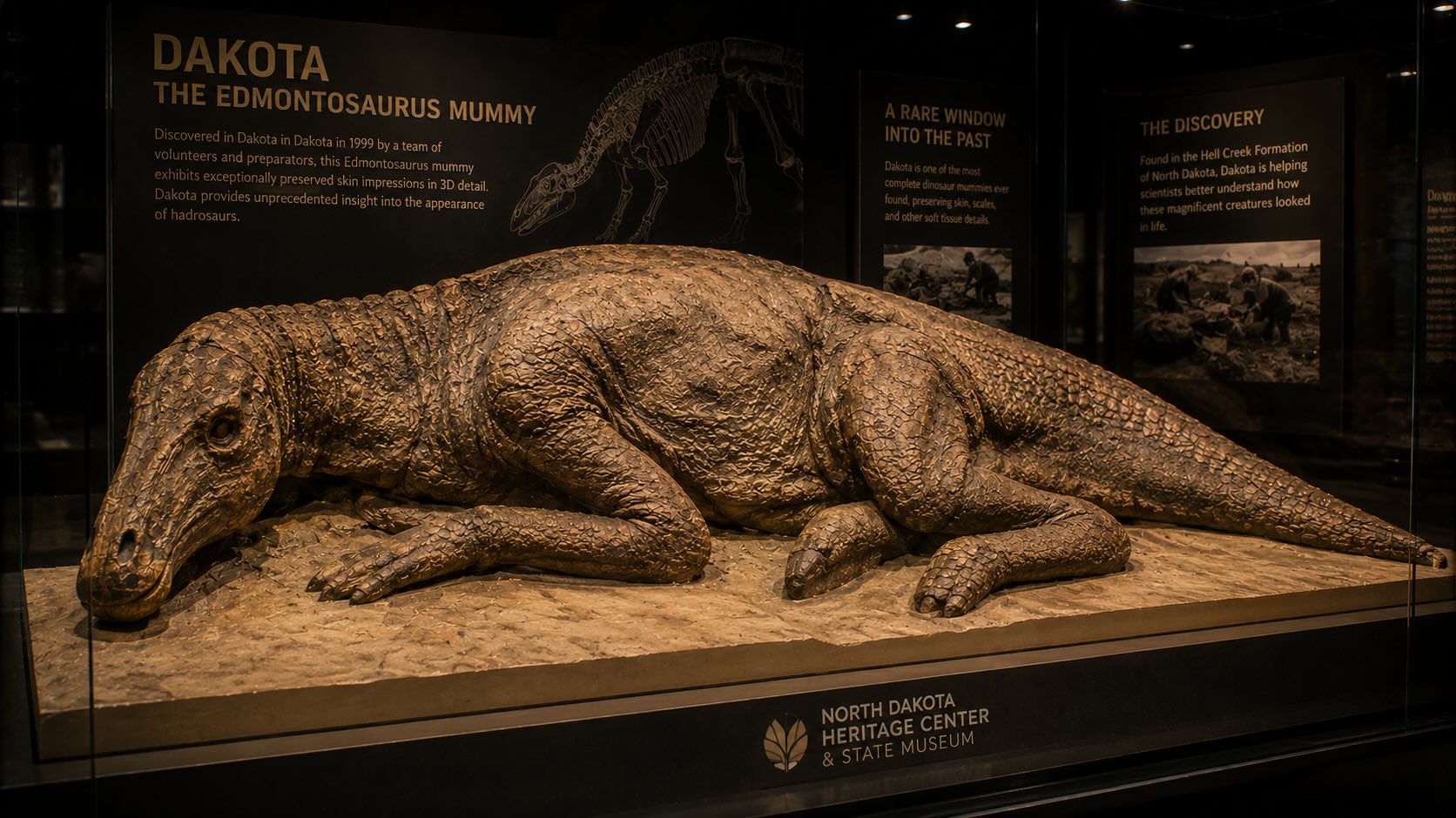 Dakota Edmontosaurus – hadrosauruksen muumio North Dakota Heritage Centerissä, Bismarck, Pohjois-Dakota, Yhdysvallat