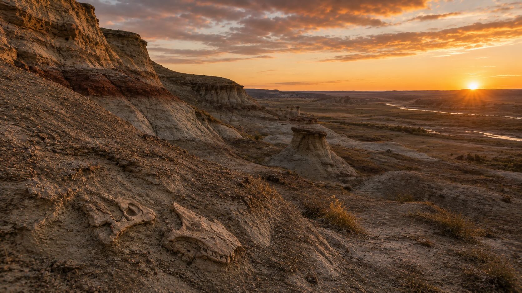 Dinosaur Provincial Park Albertan badlands-maisema auringonlaskussa