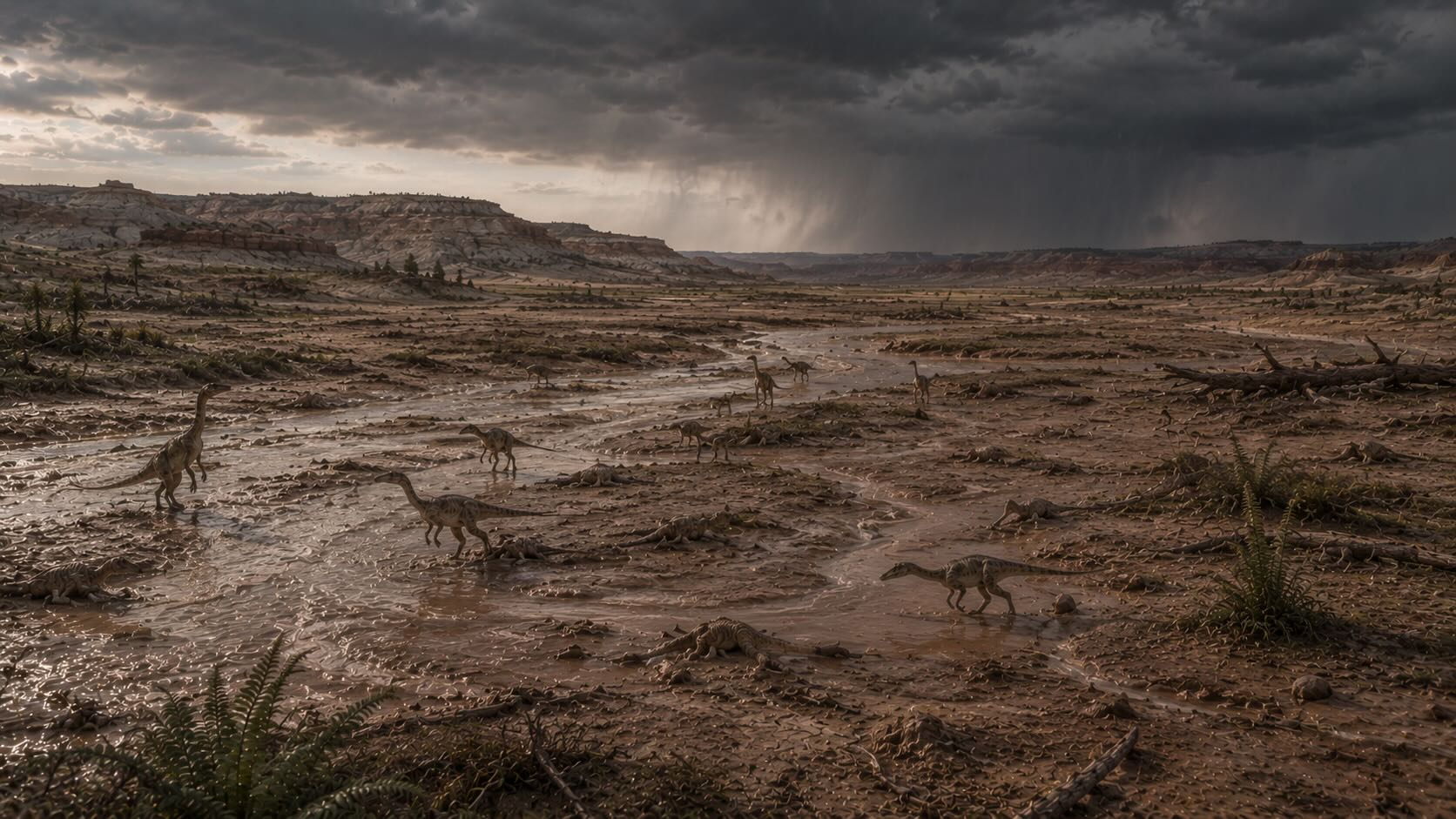 Ghost Ranch — Coelophysis-yksilöitä triaskauden punakivimaisemassa