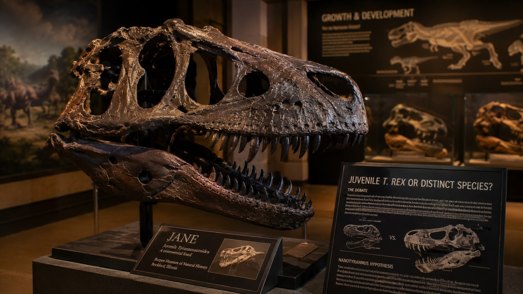 Jane Nanotyrannus -fossiili museonäyttelyssä