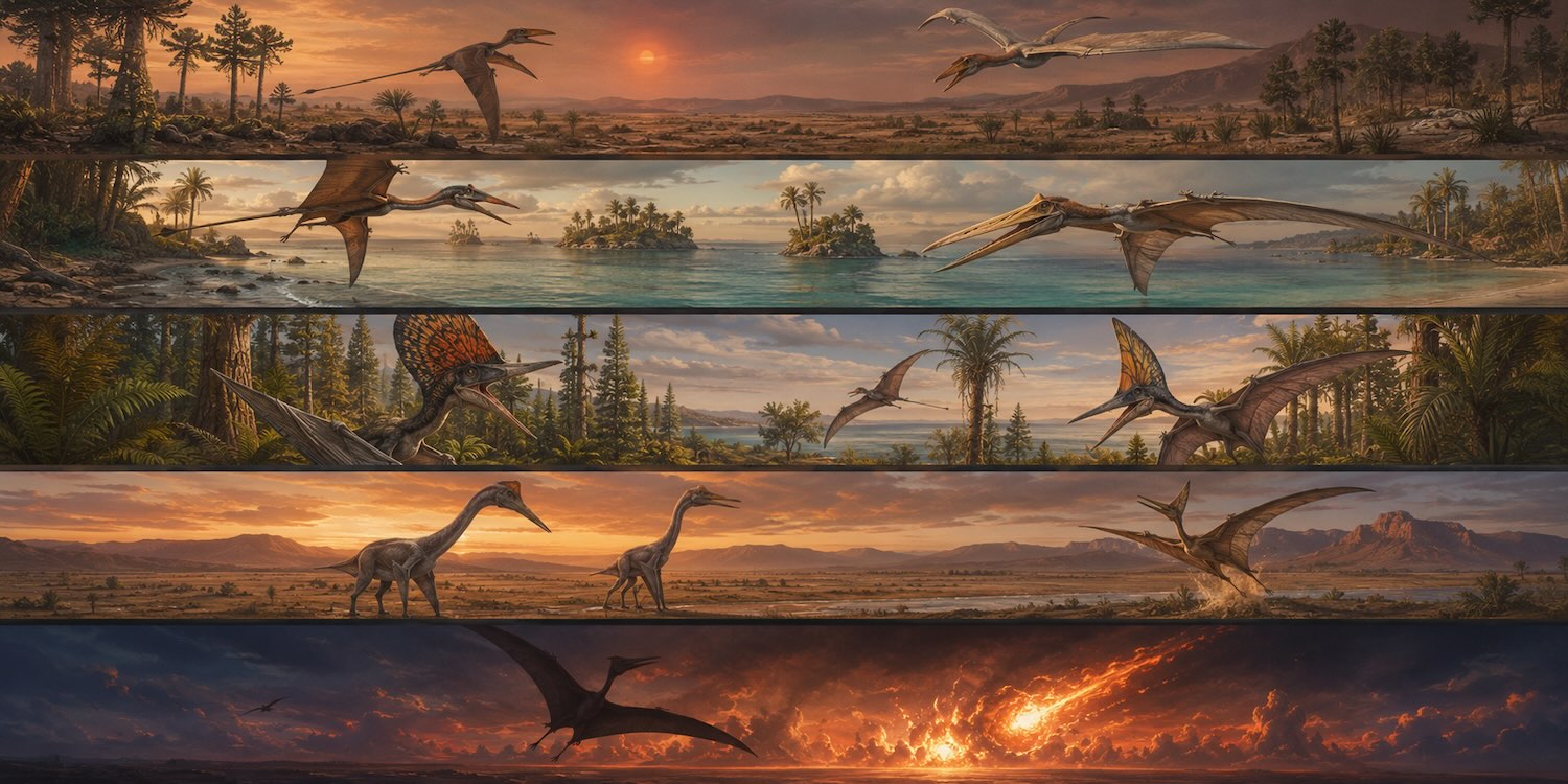 Pterosaurusten aikajana 230–66 miljoonaa vuotta sitten — Trias, Jura ja Liitukausi rinnakkain merkittävimpine fossiilikerrostumineen