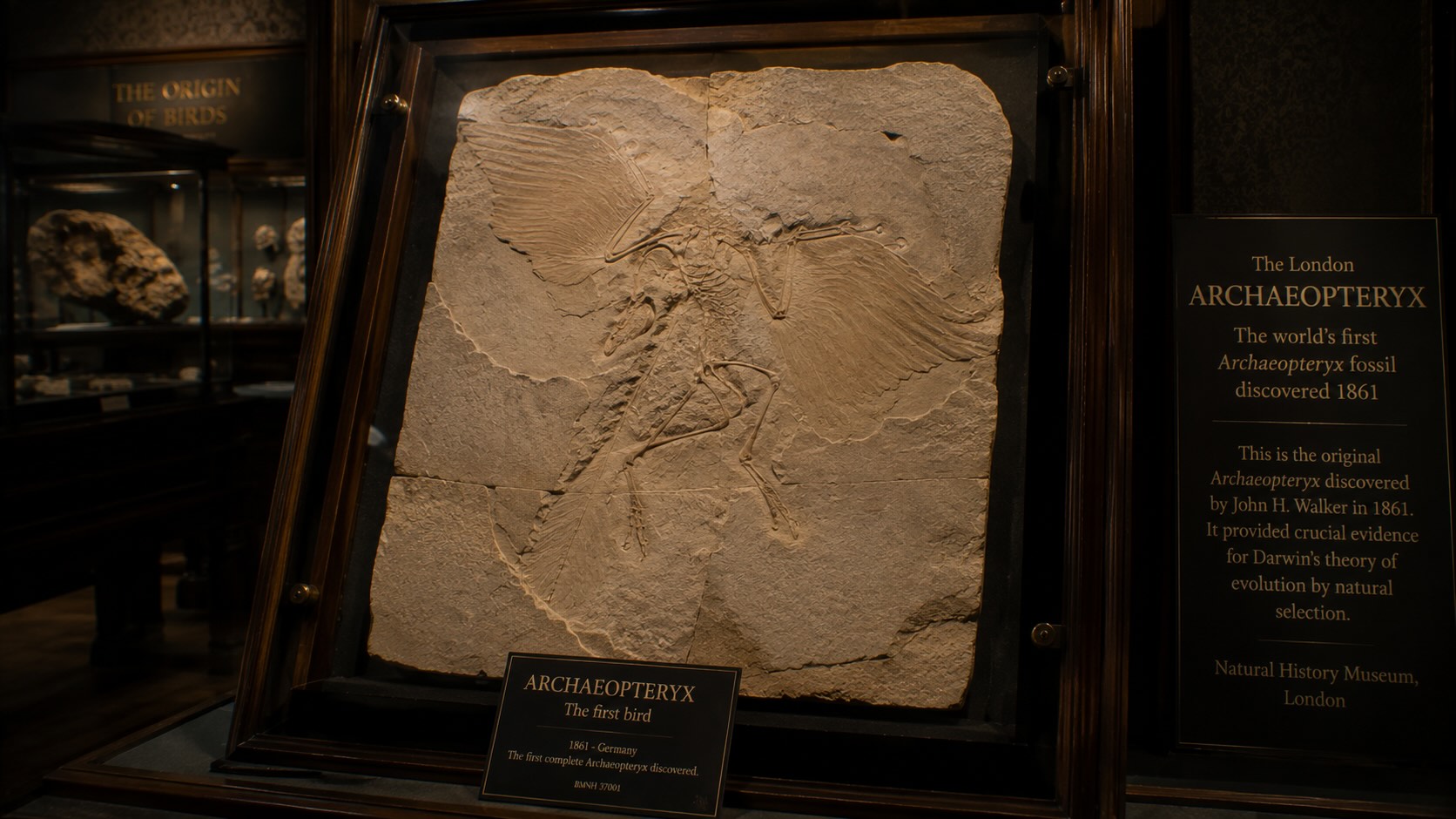 Lontoon Archaeopteryx -fossiili museonäyttelyssä