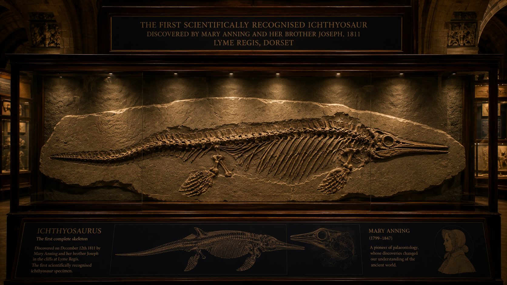 Mary Anning ichthyosaurus 1811 – Temnodontosaurus platyodon -kalalisko Lyme Regisin Blue Lias -kalliosta, Dorset, Englanti