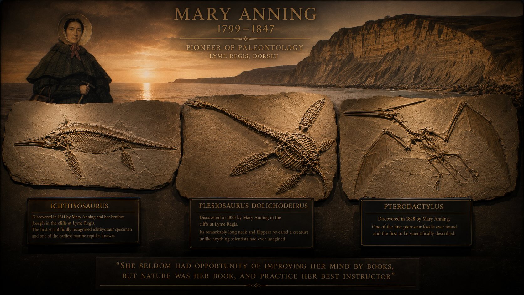 Mary Anningin löydöt – ichthyosaurus, plesiosaurus ja pterosaurus Lyme Regisin Jurakausirannikolta, Dorset, Englanti
