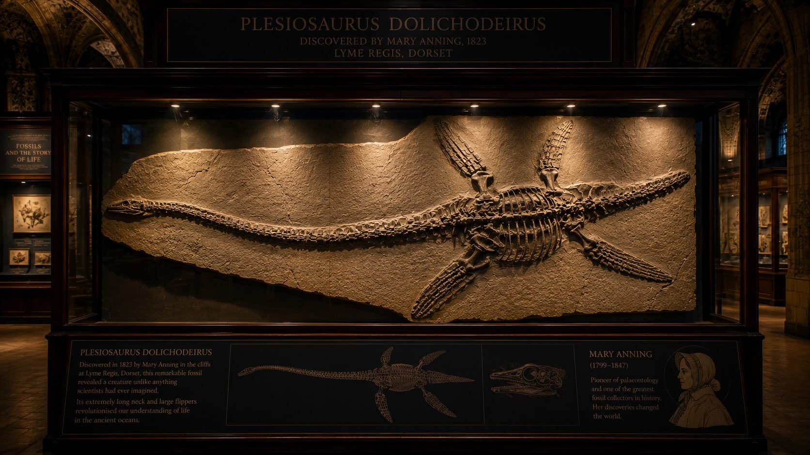 Mary Anning plesiosaurus 1823 – pitkäkaulainen Plesiosaurus dolichodeirus -luuranko Lyme Regisistä, Dorset, Englanti