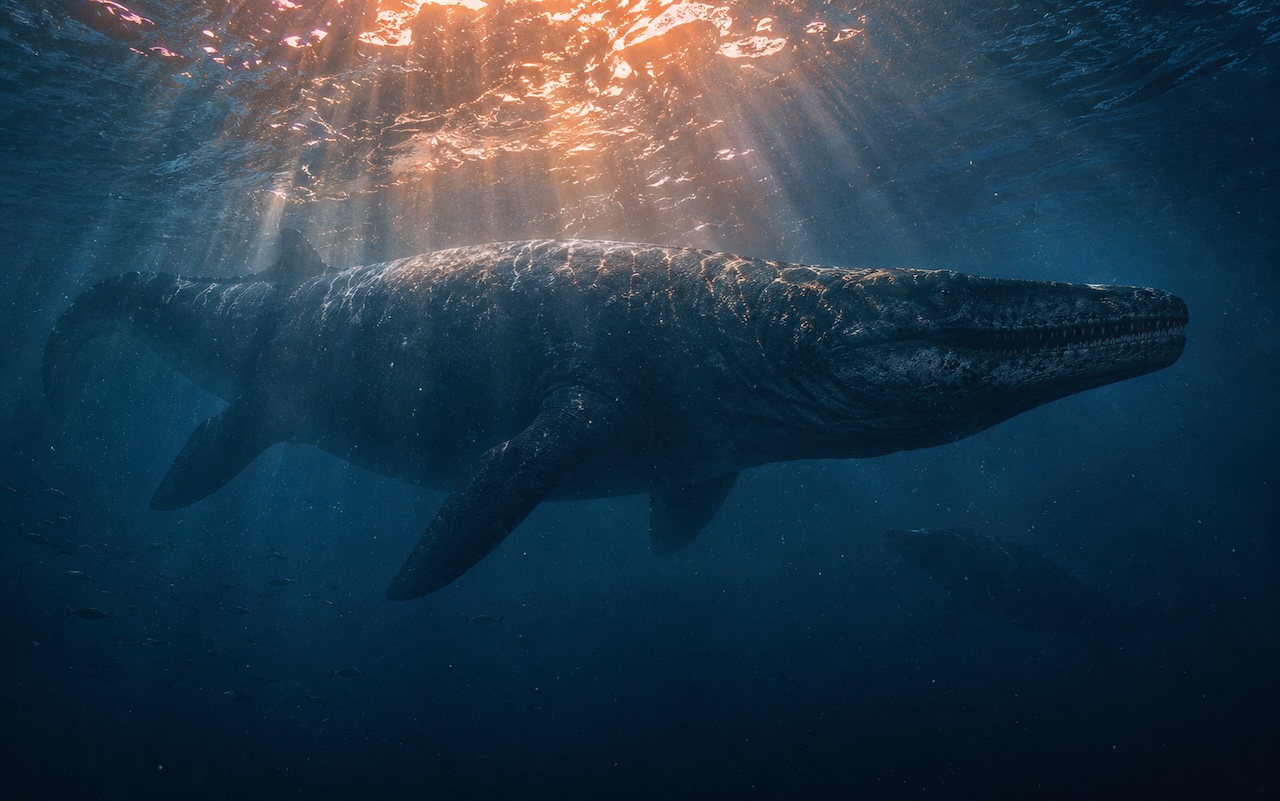Muinaiset merihirviöt — Mosasaurus uimassa syvänsinisessä valtameressä auringon säteiden valaisemana